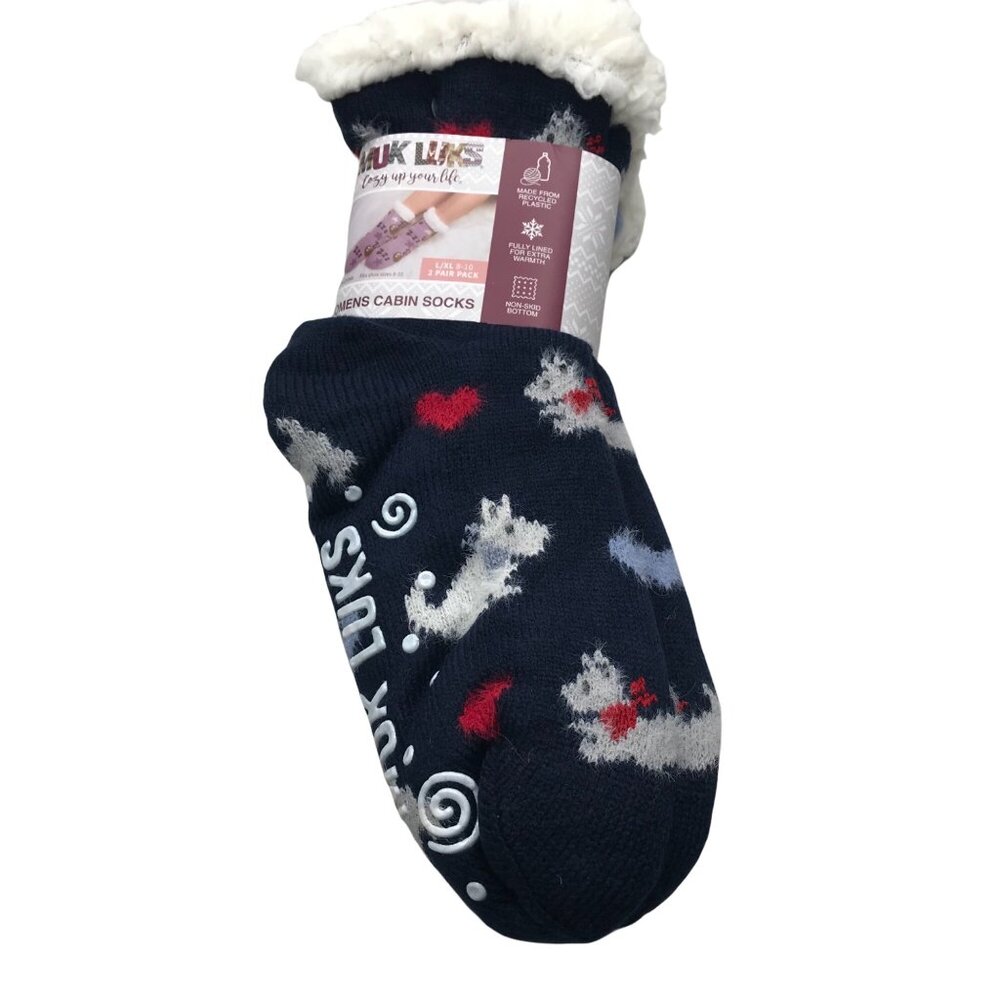 2 Pair Pack Muk Luks Womens Cabin Socks Blue Scottie Dog on 1 Pair Size L/XL New